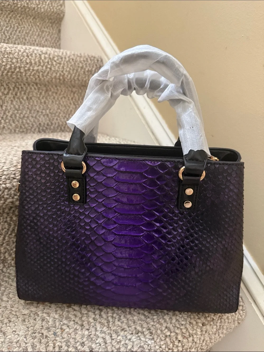 3pc Purple & Black Snake Skin -Embossed Handbag Set